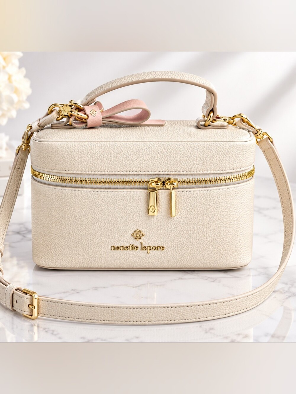 Nanette Lepore Cream Pebbled Leather Cosmetic Train Case with Pink Bow Charm